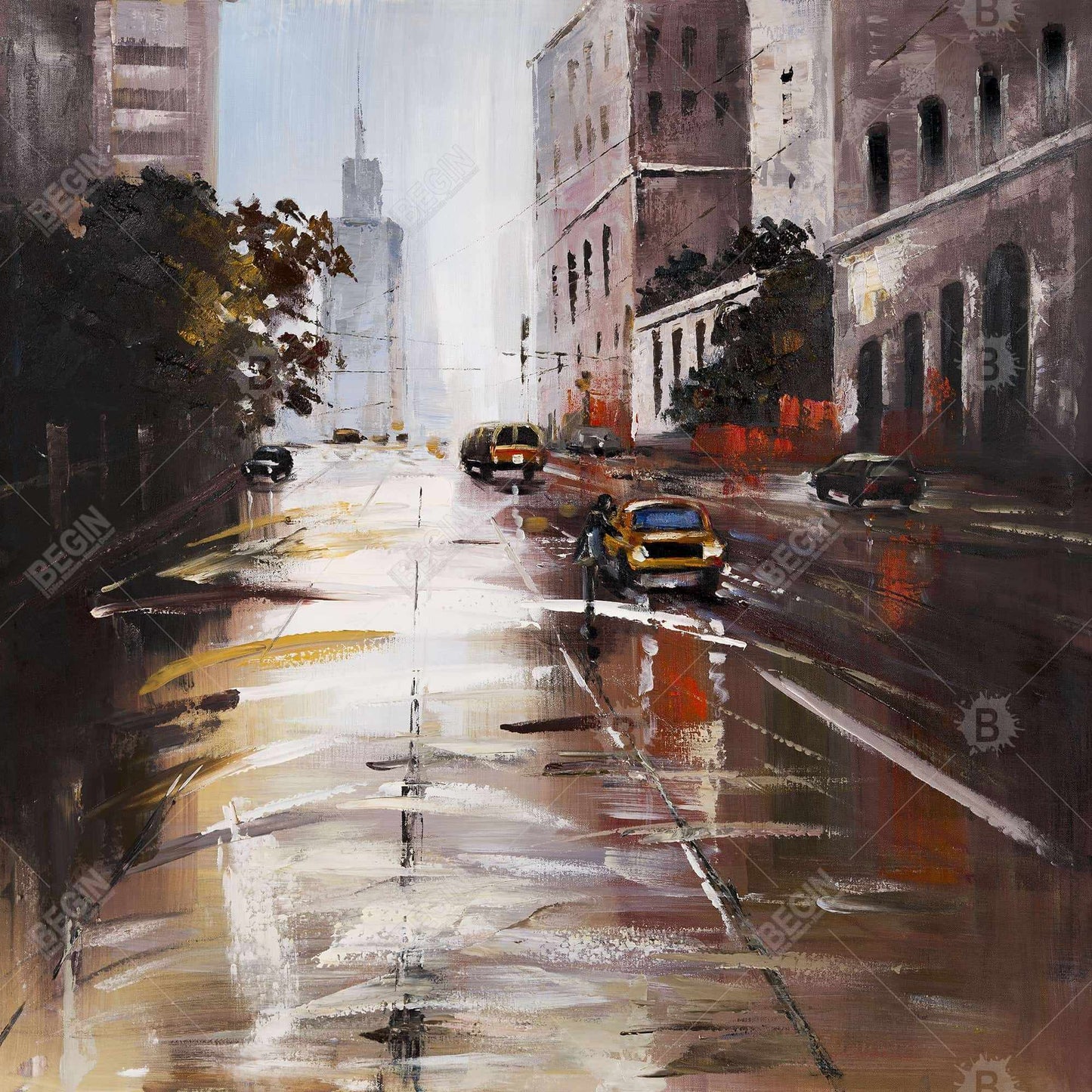 Morning Street Scene | Brown Canvas Wall Art for Bedroom Decor