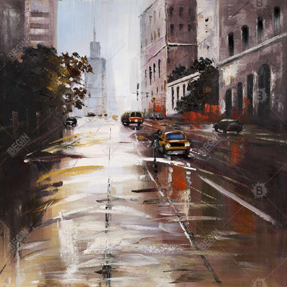 Morning Street Scene | Brown Canvas Wall Art for Bedroom Decor