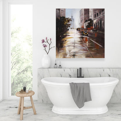 Morning Street Scene | Brown Canvas Wall Art for Bedroom Decor