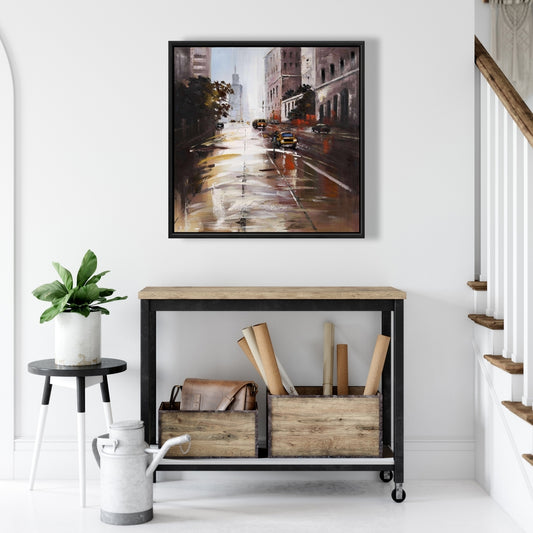 Toile « Scène de rue matinale » | Cadre marron | Décoration contemporaine
