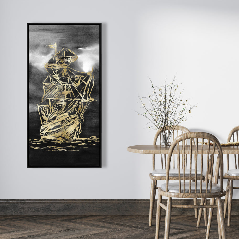 Toile dorée « Petit bateau à voile » | Décoration encadrée de bateau noir