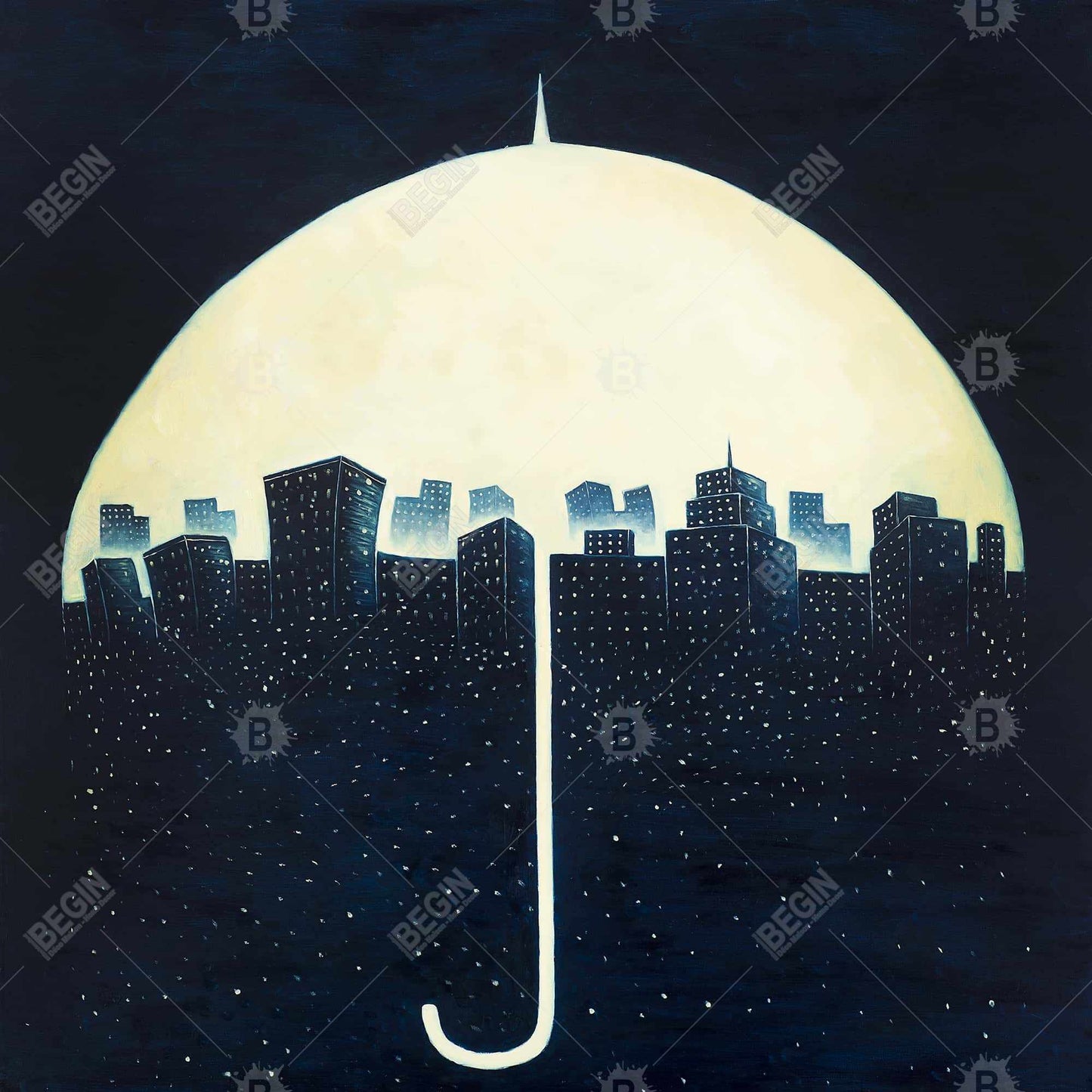 Toile « Ville sous parapluies » | Décoration de chambre illustrative