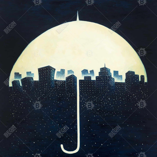 Toile « Ville sous parapluies » | Décoration de chambre illustrative