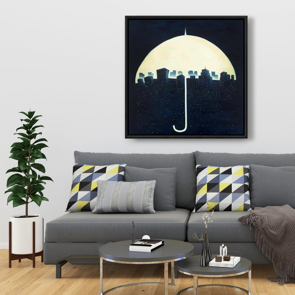 A City Under Umbrellas Framed Canvas - Home Decor Wall Art