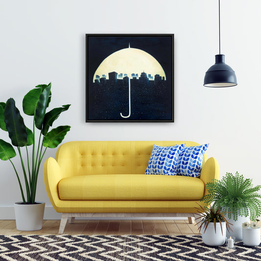 A City Under Umbrellas Framed Canvas - Home Decor Wall Art