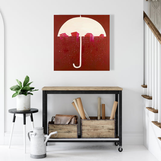 Red City Under Umbrella Canvas | Modern Red Wall Art Decor