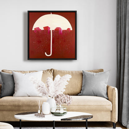 Toile « Ville rouge sous un parapluie » | Décoration d'intérieur encadrée