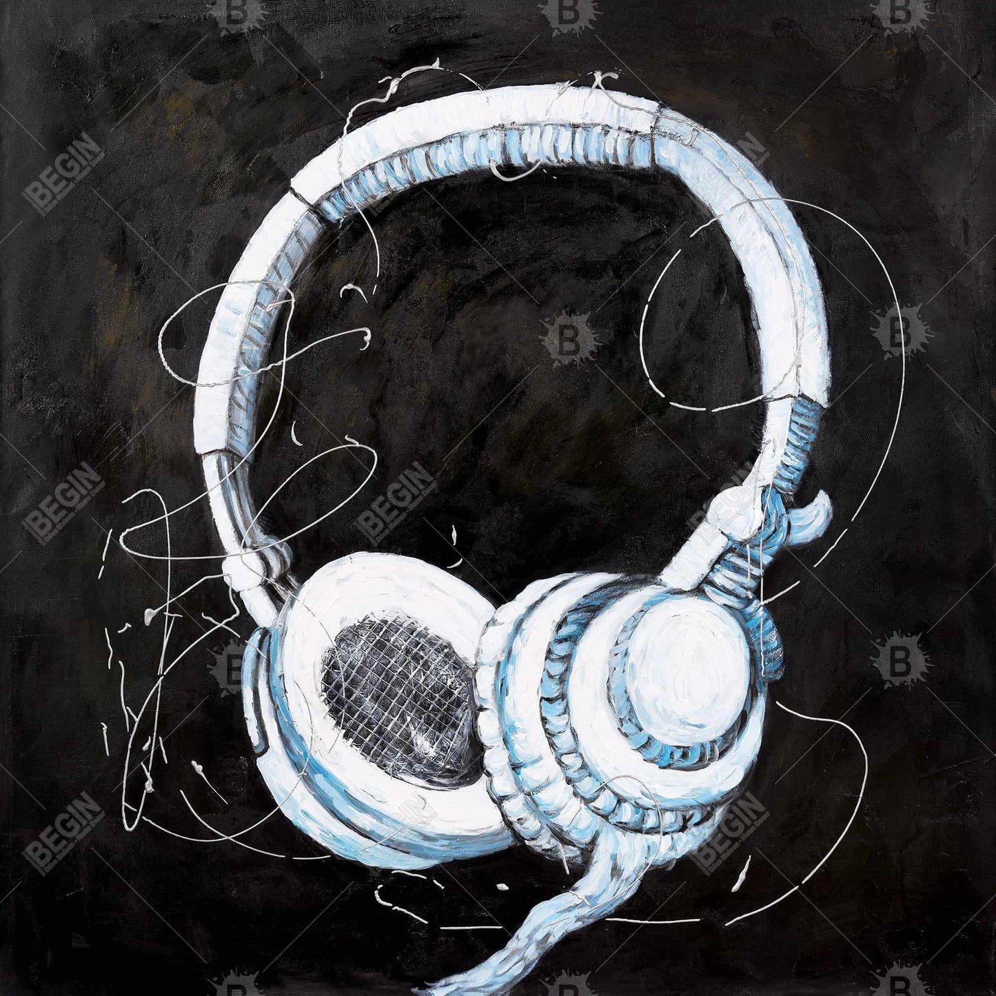 Illustrative Musical Headphones Canvas | Blue Framed Home Decor