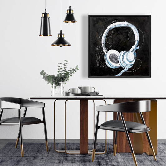 Toile illustrative « Casque musical » | Décoration d'intérieur encadrée bleue