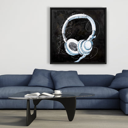Toile illustrative « Casque musical » | Décoration d'intérieur encadrée bleue