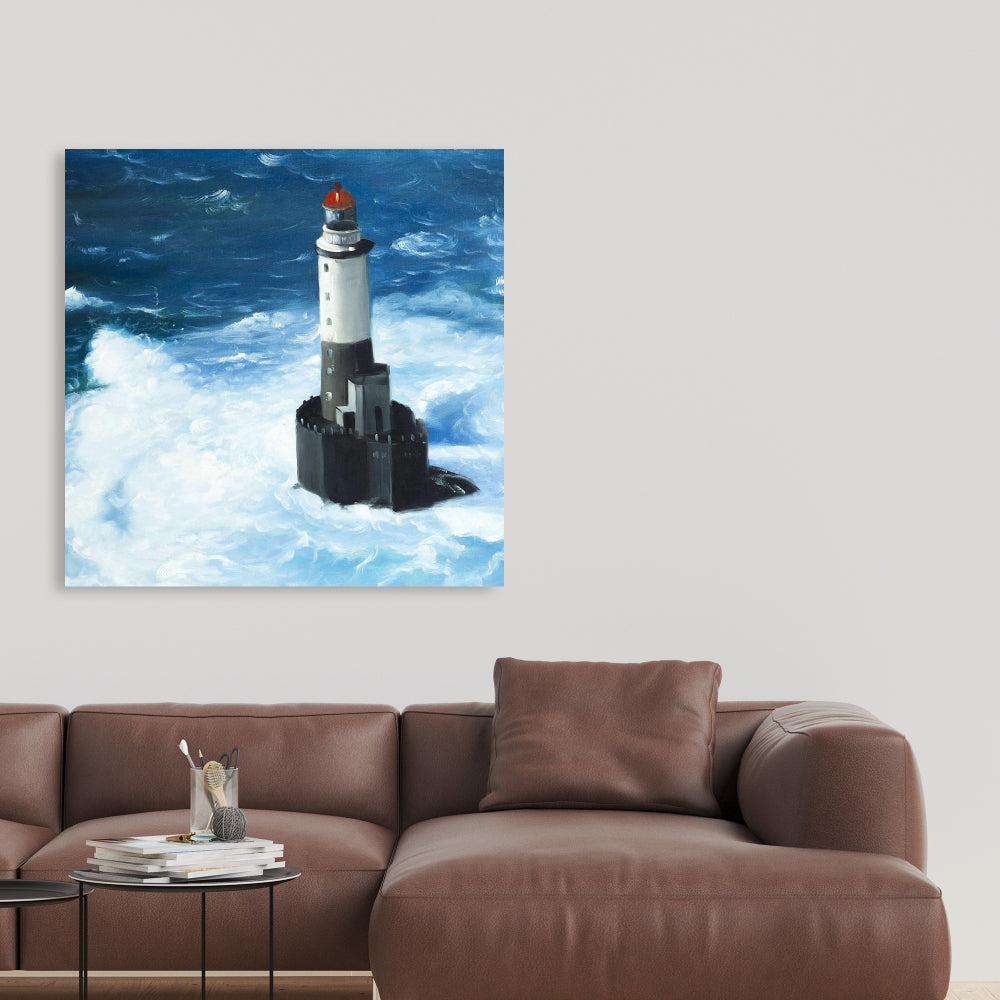 Unleashed Waves on a Lighthouse | Marine Blue Coastal Canvas