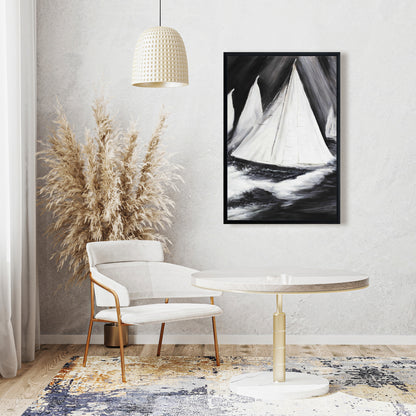 White Coastal Framed Canvas | Grayscale Boats in Storm Decor