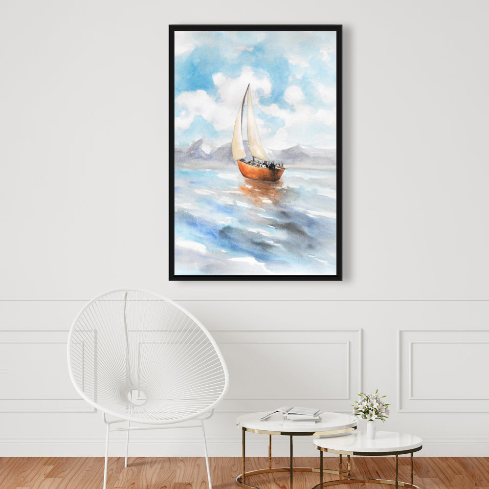 Blue Coastal Bedroom Framed Canvas | Sailboat Landscape Decor