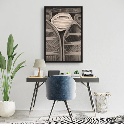 Sepia Canoes Bedroom Canvas | Brown Framed Boat Wall Art