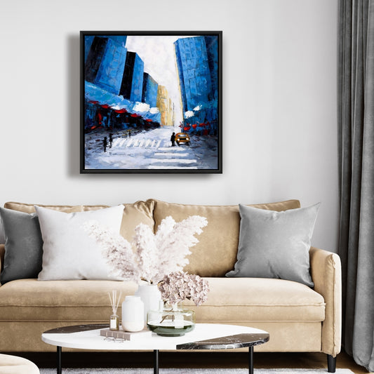 Blue Cities Bedroom Framed Canvas - Blue Buildings Home Decor