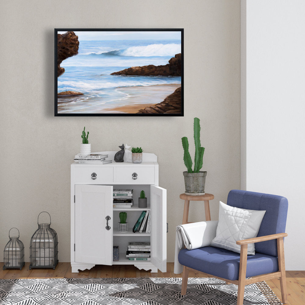 Blue Coastal Bedroom Framed Canvas | Rocks and Seaside Decor