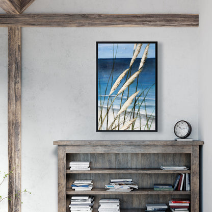 Toile encadrée bleue contemporaine côtière - Plage d'herbes sauvages