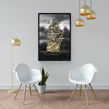 Toile dorée « Petit bateau à voile » | Décoration encadrée de bateau noir