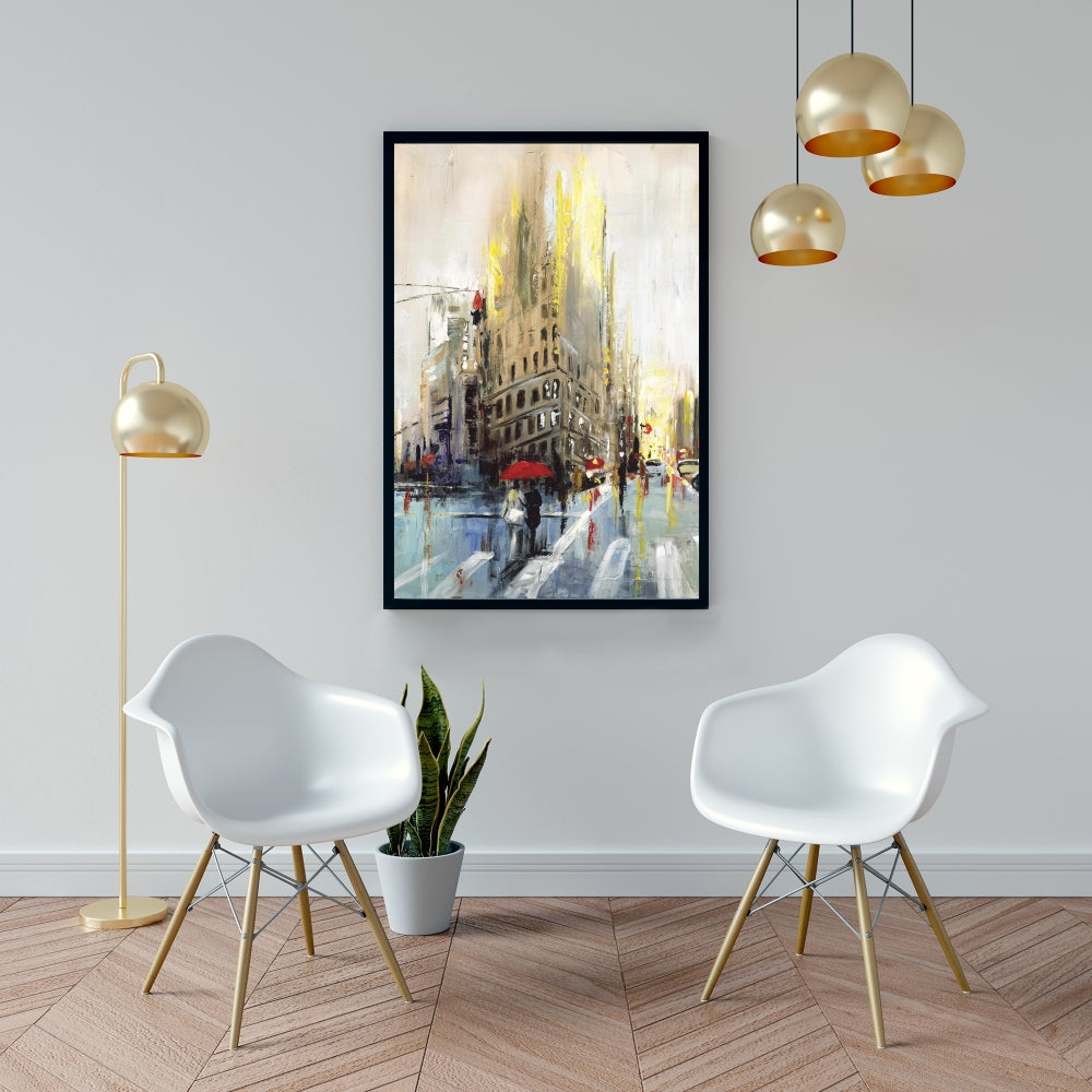 Toile beige abstraite « Rue pluvieuse » | Décoration de chambre urbaine