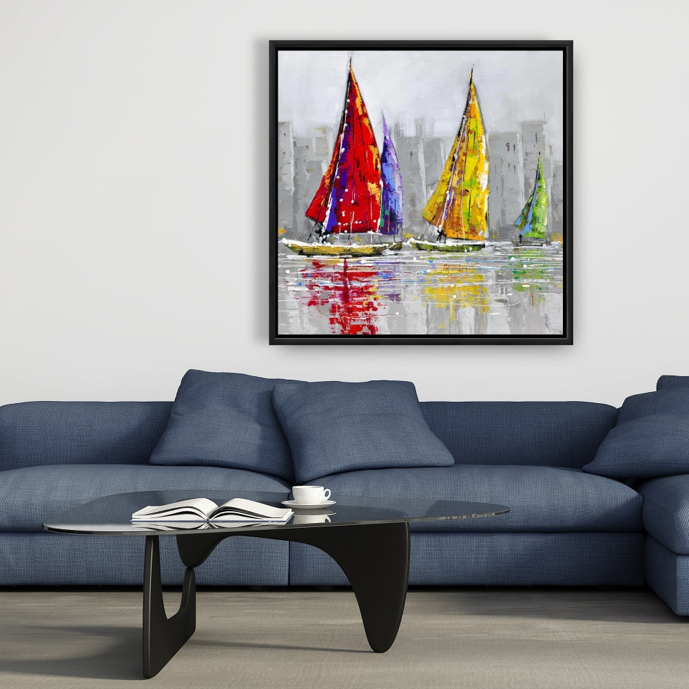 Voiliers au vent | Toile encadrée grise | Décoration d'intérieur