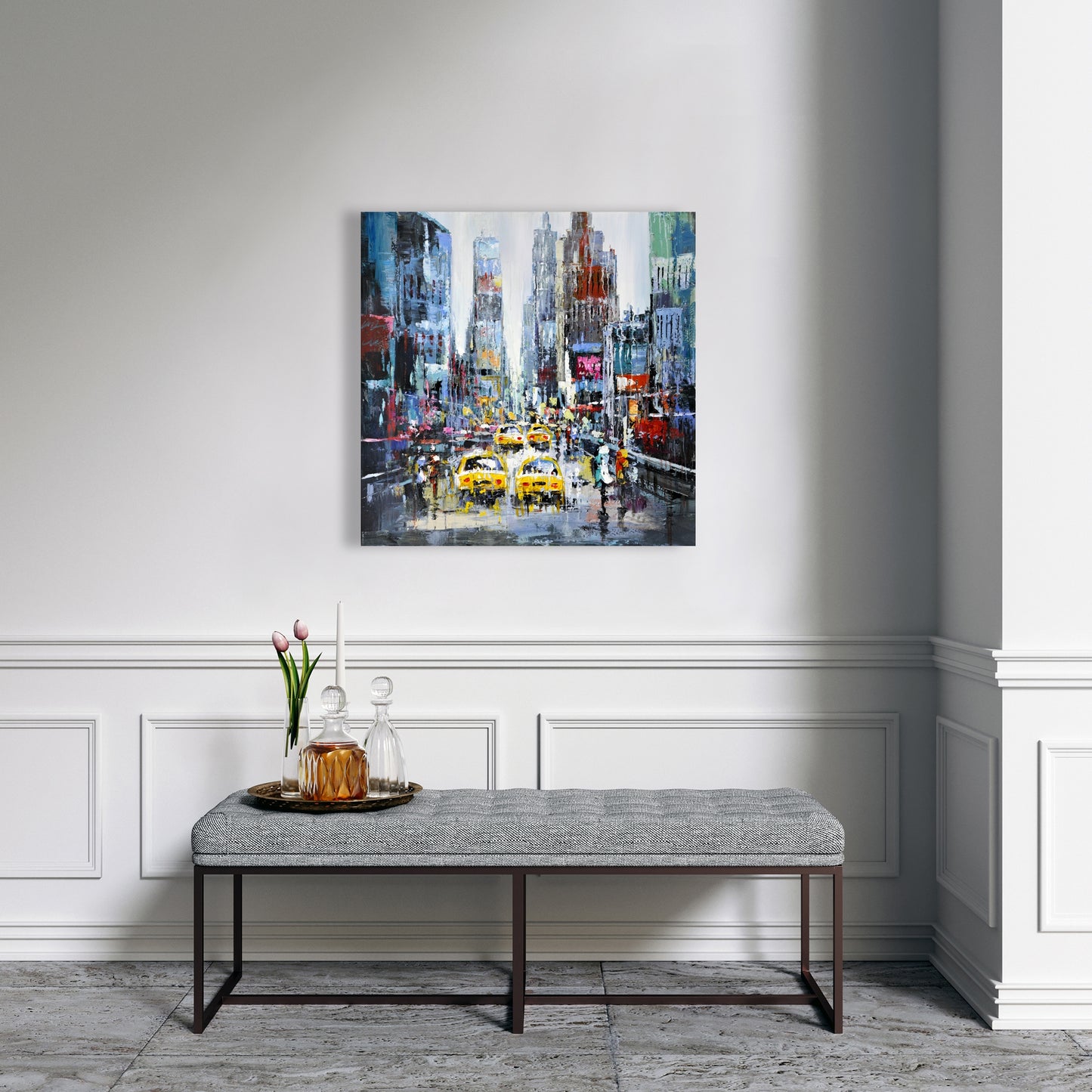 Contemporary Building Blue Canvas | Urban Scene with Yellow Taxis