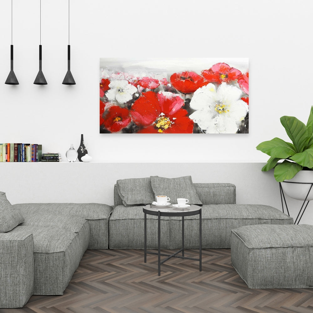 Red and White Flowers Field Canvas - Botanical Home Decor