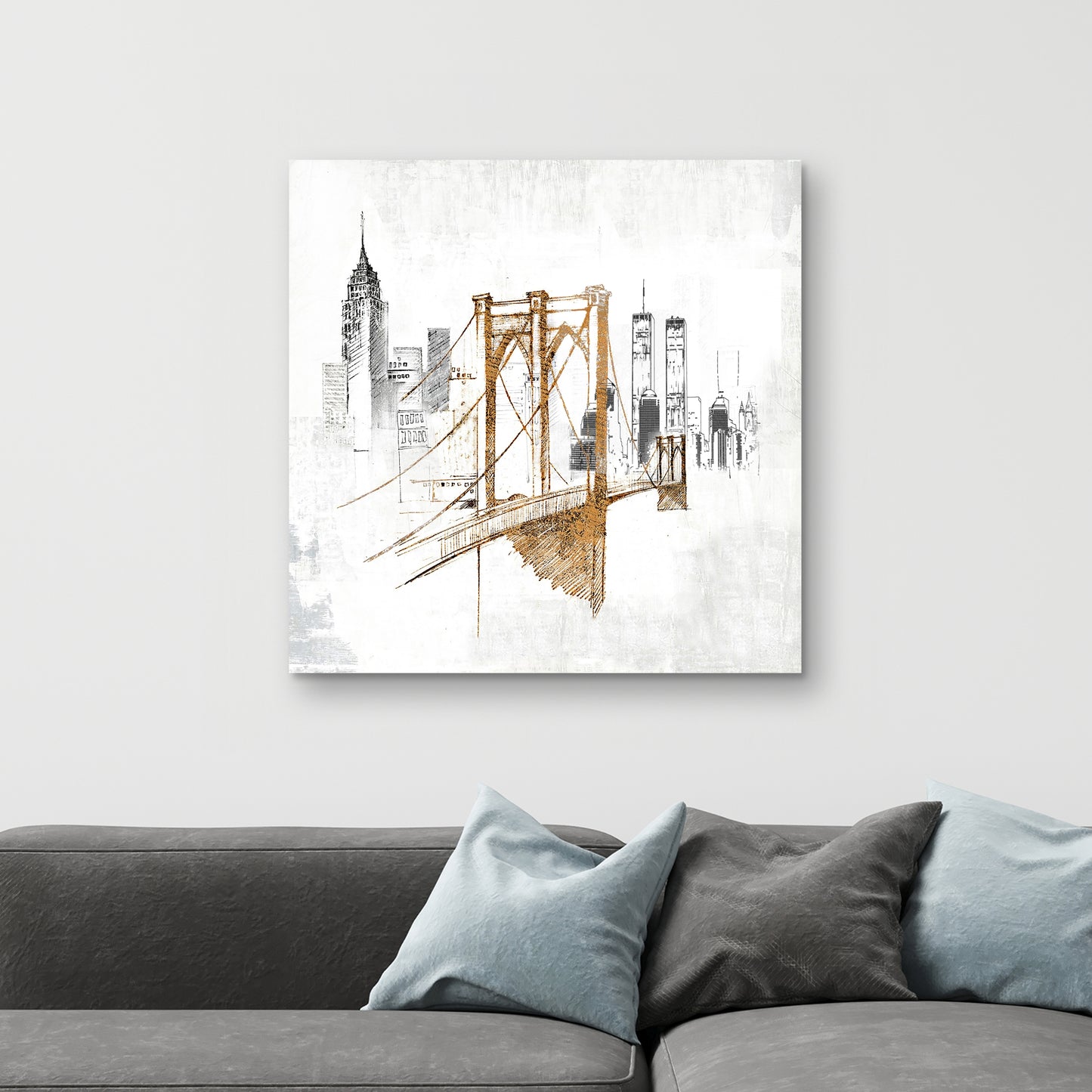 Toile de chambre à coucher avec croquis flous du pont de Brooklyn | Décoration d'intérieur