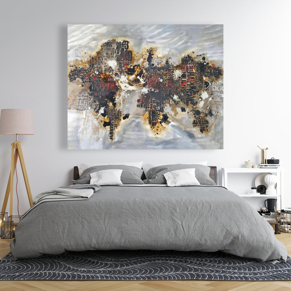Carte du monde texturée sur toile | Décoration murale moderne pour chambre à coucher