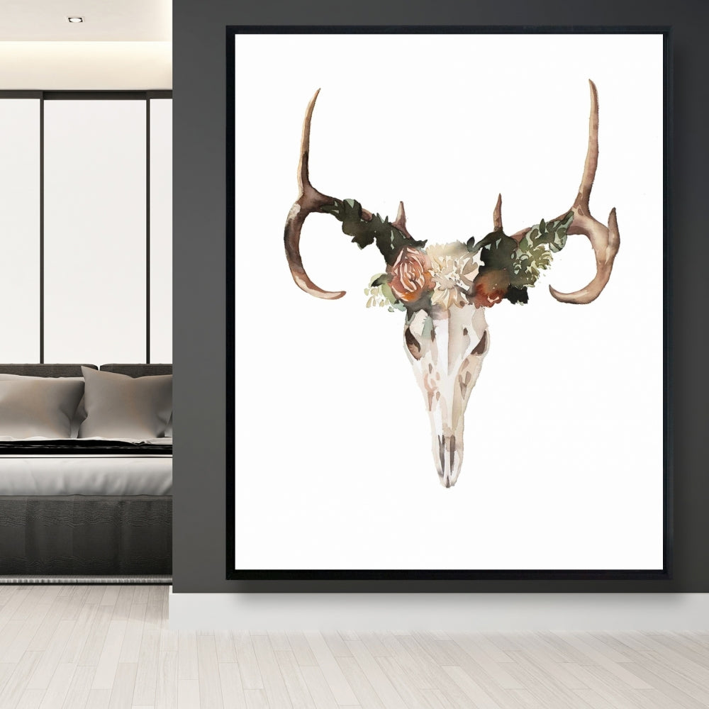 Toile « Crâne de cerf avec roses » | Décoration murale rustique pour chambre