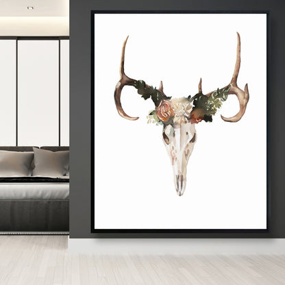 Toile « Crâne de cerf avec roses » | Décoration murale rustique pour chambre