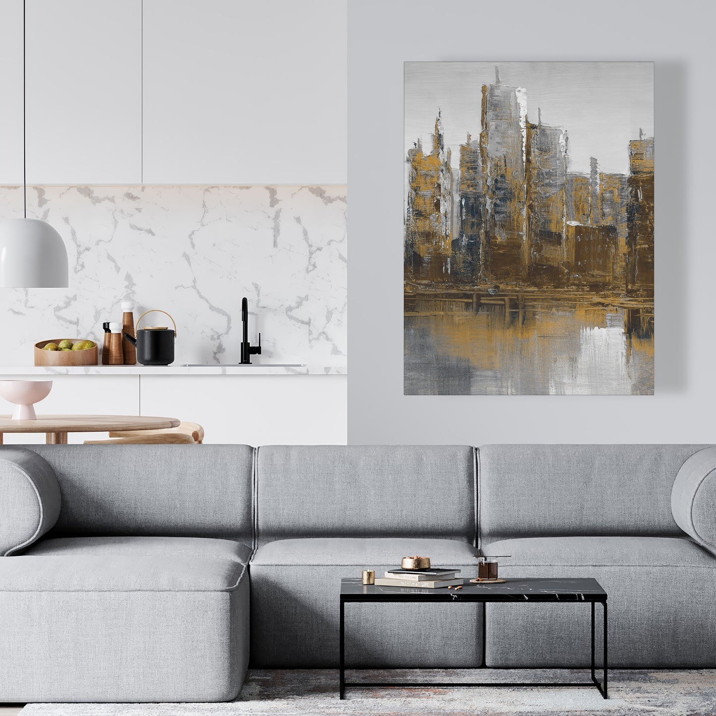 Toile Paysage urbain gris et jaune | Décoration de chambre marron