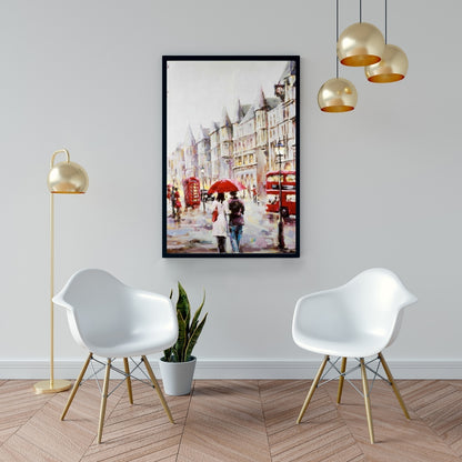 Toile encadrée rouge « Rue européenne un jour de pluie » - Décoration d'intérieur