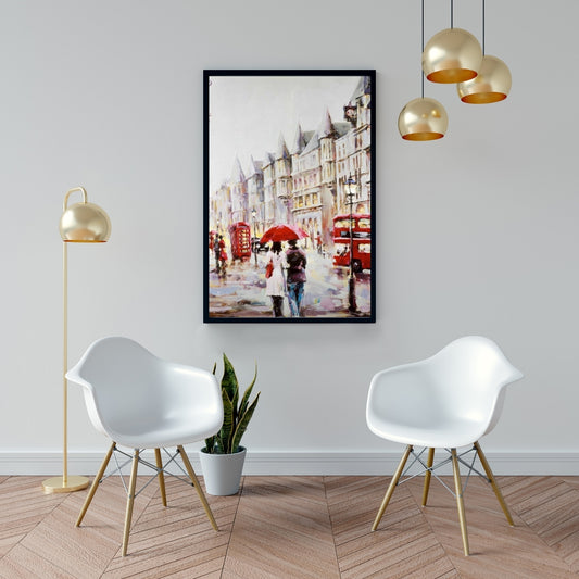 Toile encadrée rouge « Rue européenne un jour de pluie » - Décoration d'intérieur