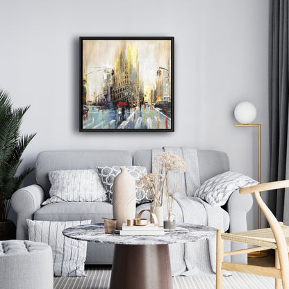 Toile beige abstraite « Rue pluvieuse » | Décoration de chambre urbaine