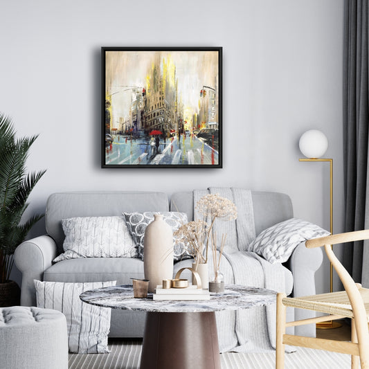 Toile beige abstraite « Rue pluvieuse » | Décoration de chambre urbaine