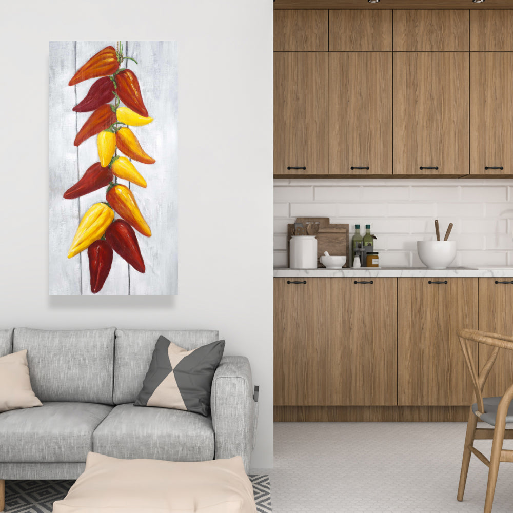 Toile jaune gastronomique | Décoration d'intérieur « Corde de piments »