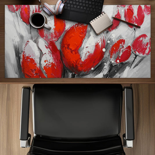White Botanical Desk Mat - Red Tulips, Contemporary Home Decor