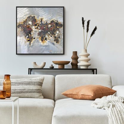 Carte du monde texturée sur toile | Décoration encadrée moderne marron