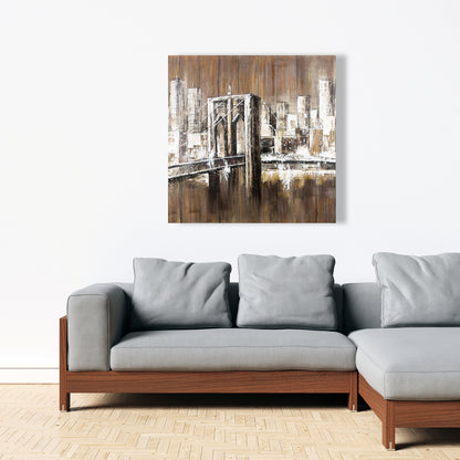 Aged Finish Brooklyn Bridge Canvas | Bedroom Decor - Brown