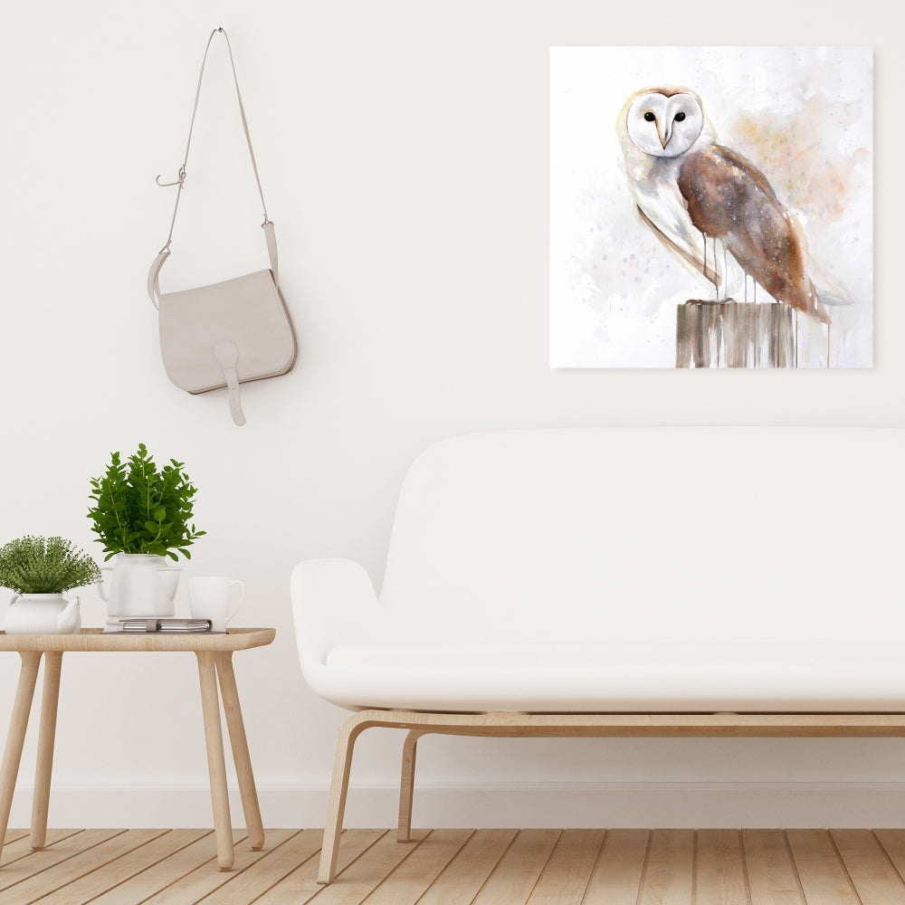 Toile rustique représentant une chouette effraie | Décoration murale