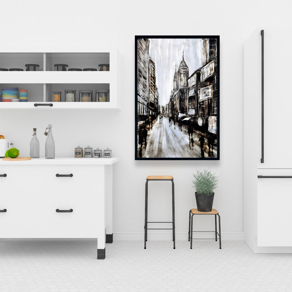 Toile « Rue grise animée » - Cadre marron industriel pour décoration d'intérieur