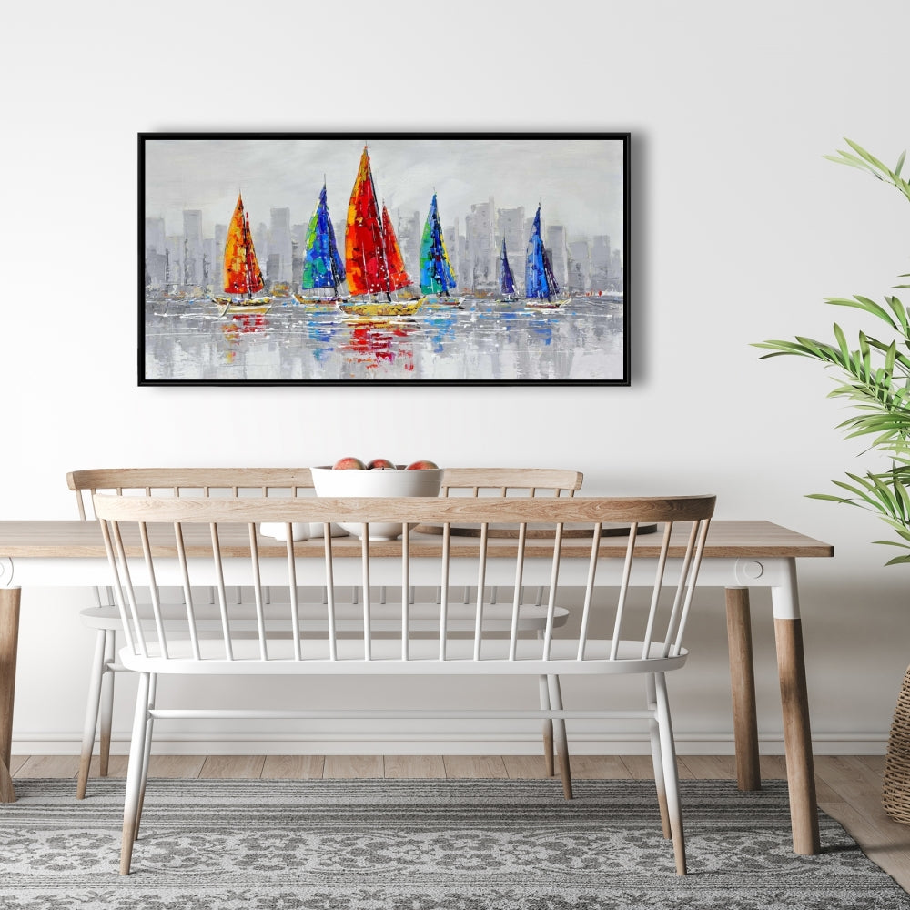 Toile Bateaux colorés | Décoration contemporaine avec cadre bleu