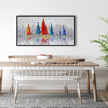 Toile Bateaux colorés | Décoration contemporaine avec cadre bleu