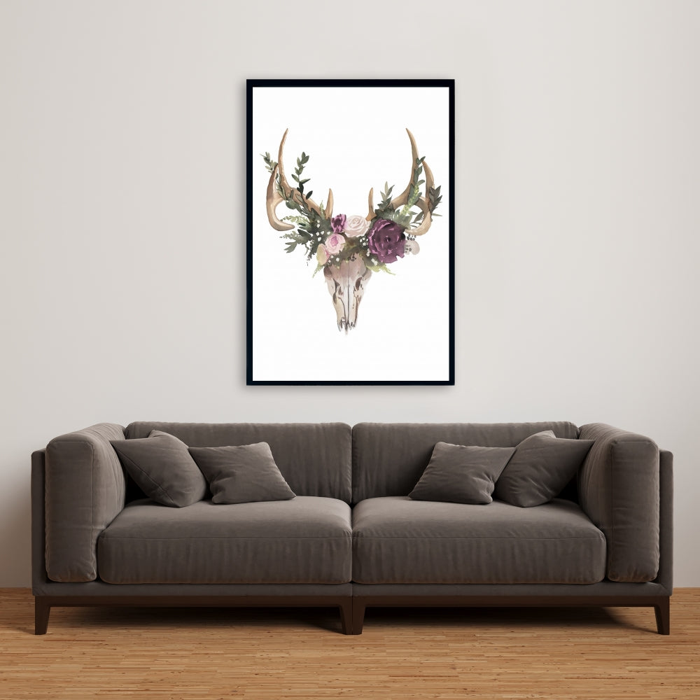 Rustic Deer Skull with Flowers Canvas | Bedroom Wall Decor
