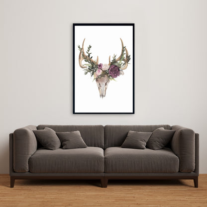 Rustic Deer Skull with Flowers Canvas | Bedroom Wall Decor