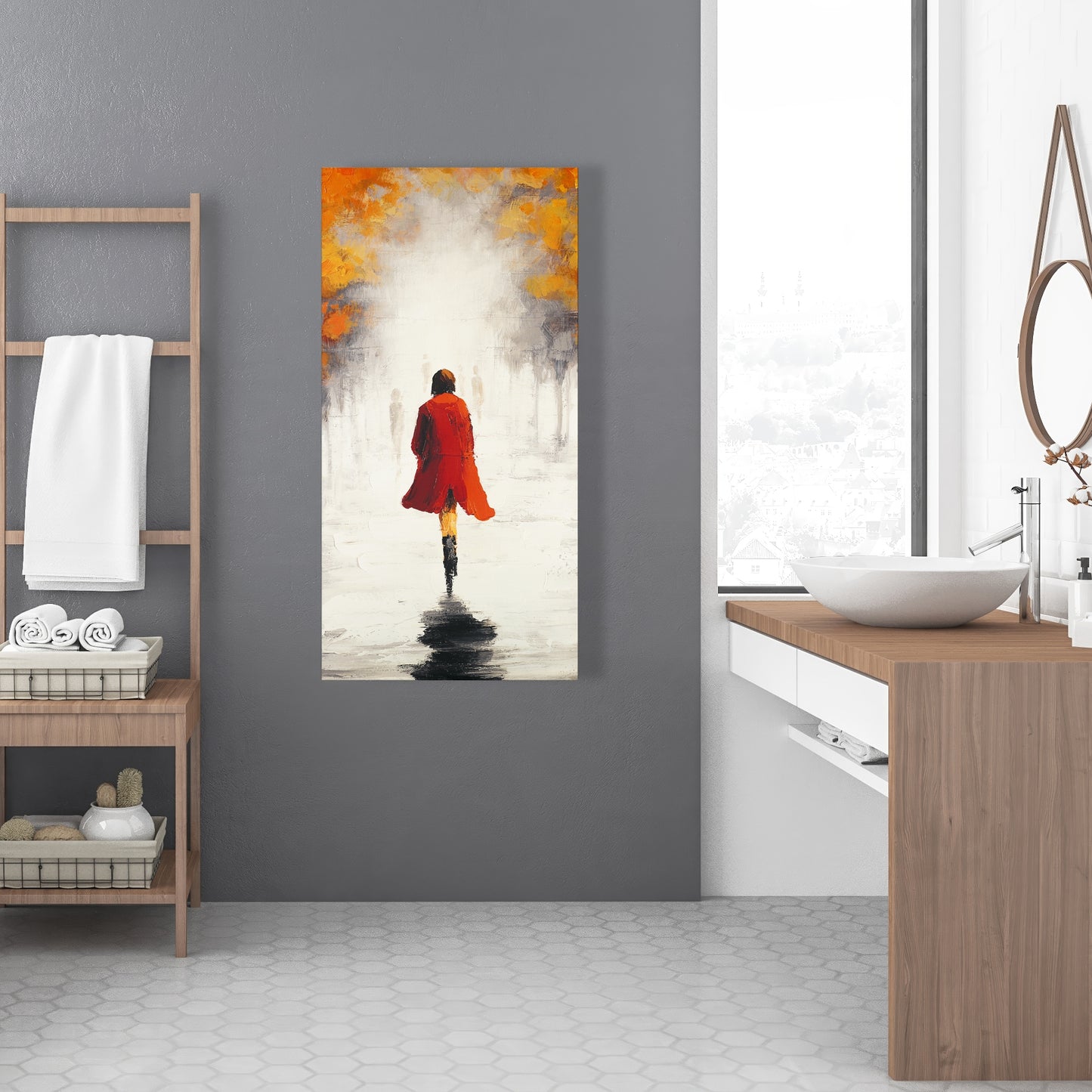 Contemporary Gray Trees Canvas - Woman in Red Coat Home Decor