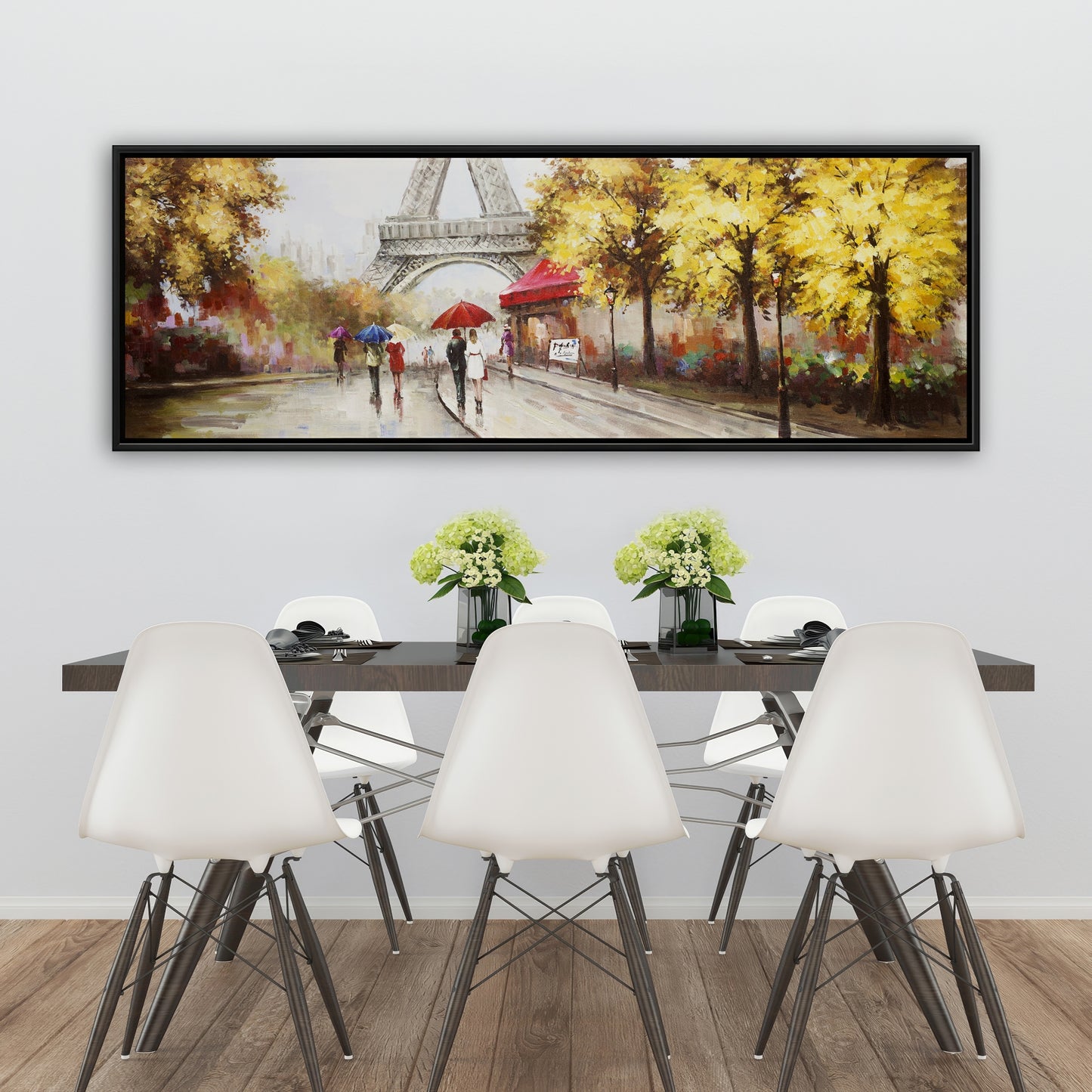 Toile encadrée Arbres jaunes – Décor de passants près de la Tour Eiffel