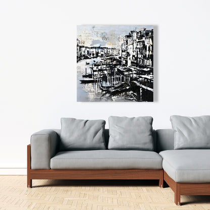 Abstract Venise Port Canvas - Blue Boat Bedroom Wall Art