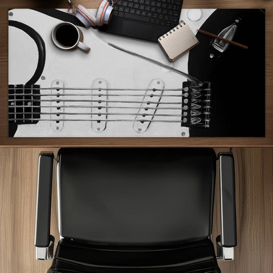 White Desk Mat - Black Electric Guitar Design for Home Decor