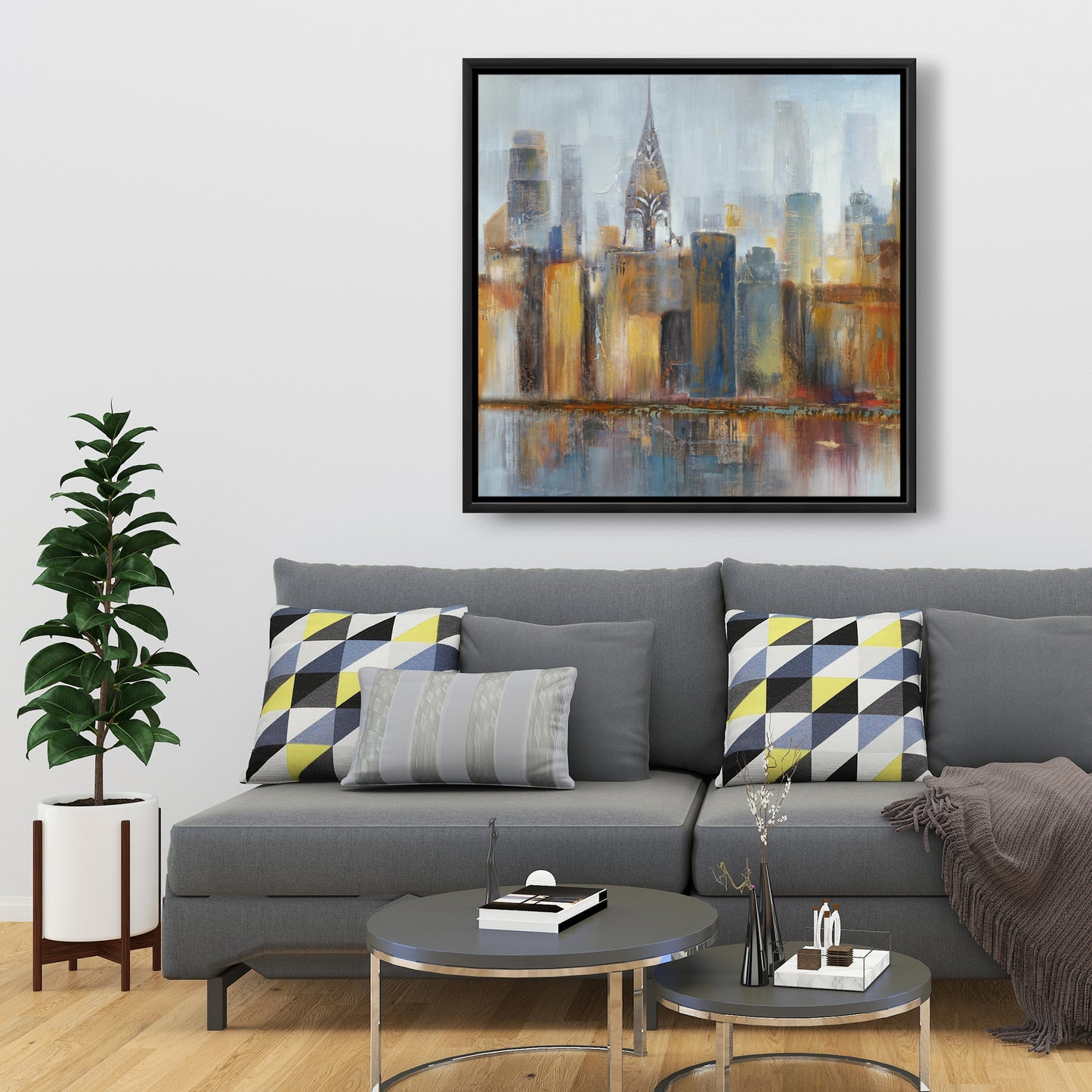 Paysage urbain avec le Chrysler Building | Toile décorative encadrée bleue